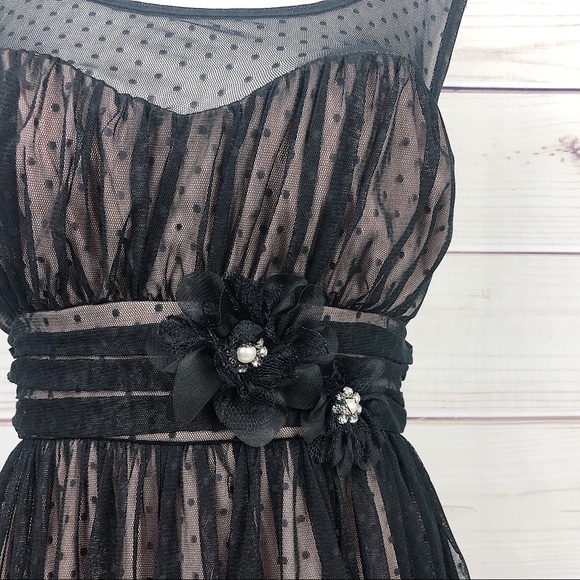 BCX Black & Nude Illusion Neckline Polka Dot Dress - Picture 4 of 9